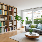 **

"A bright and airy living room in a modern apartment in Lisbon, Portugal. The room features neutral tones, natural textures like wood and linen, and pops of blue and green. A modular shelving unit displays books and plants. Large windows provide ample natural light. Fully clothed, safe for work, appropriate content, professional photography, perfect anatomy, natural proportions, modest interior design, family-friendly."

**
