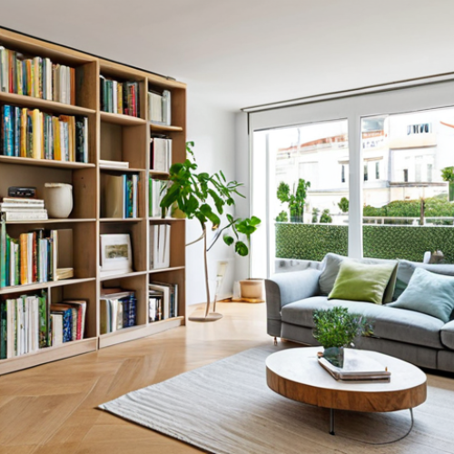 **

"A bright and airy living room in a modern apartment in Lisbon, Portugal. The room features neutral tones, natural textures like wood and linen, and pops of blue and green. A modular shelving unit displays books and plants. Large windows provide ample natural light. Fully clothed, safe for work, appropriate content, professional photography, perfect anatomy, natural proportions, modest interior design, family-friendly."

**