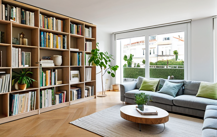 **

"A bright and airy living room in a modern apartment in Lisbon, Portugal. The room features neutral tones, natural textures like wood and linen, and pops of blue and green. A modular shelving unit displays books and plants. Large windows provide ample natural light. Fully clothed, safe for work, appropriate content, professional photography, perfect anatomy, natural proportions, modest interior design, family-friendly."

**