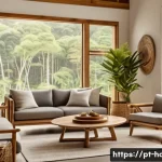 Home 22 홈디자인 트렌드 분석 - A cozy, sustainable living room featuring certified reforested wood furniture with natural textures,...