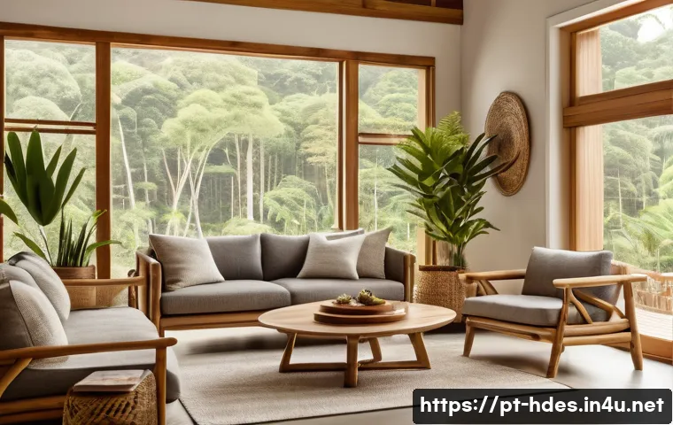 홈디자인 트렌드 분석 - A cozy, sustainable living room featuring certified reforested wood furniture with natural textures,...