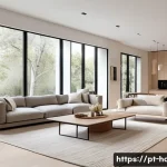Home 21 홈디자인 스타일별 사례 분석 - A modern living room featuring an open-concept design that integrates the kitchen, dining, and loung...