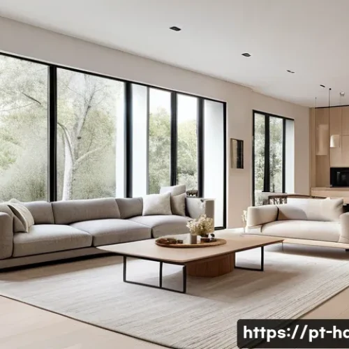 Home 33 홈디자인 스타일별 사례 분석 - A modern living room featuring an open-concept design that integrates the kitchen, dining, and loung...