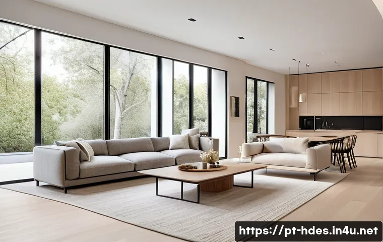 홈디자인 스타일별 사례 분석 - A modern living room featuring an open-concept design that integrates the kitchen, dining, and loung...
